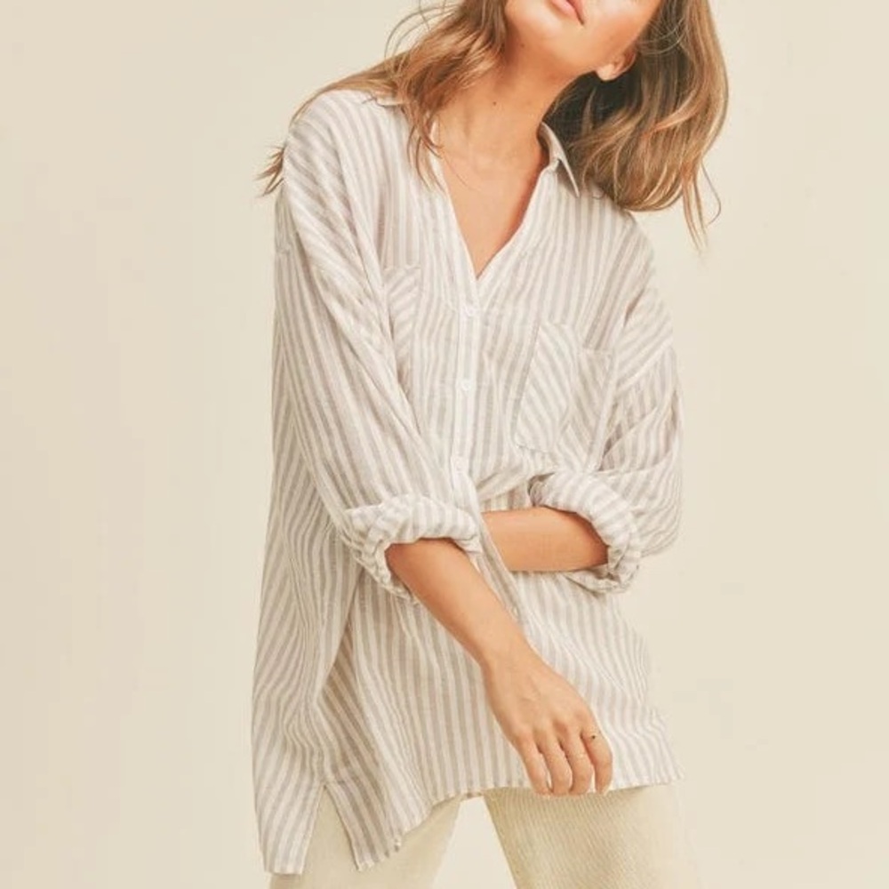 Miou Muse Striped Button Down Shirt In Beige